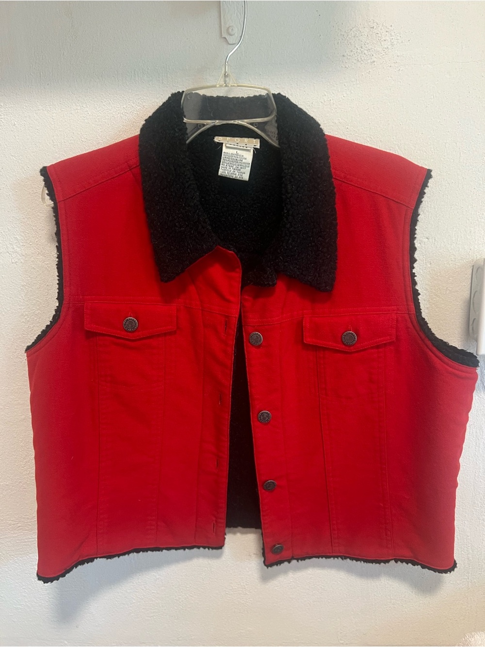 90s Vintage Sigrid Olsen Red Vest with Black Sherpa Collar Women’s Petite Large